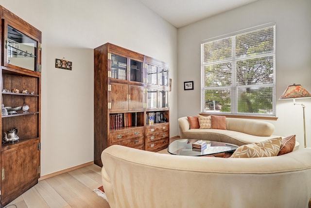 living area with a wealth of natural light and light hardwood / wood-style floors