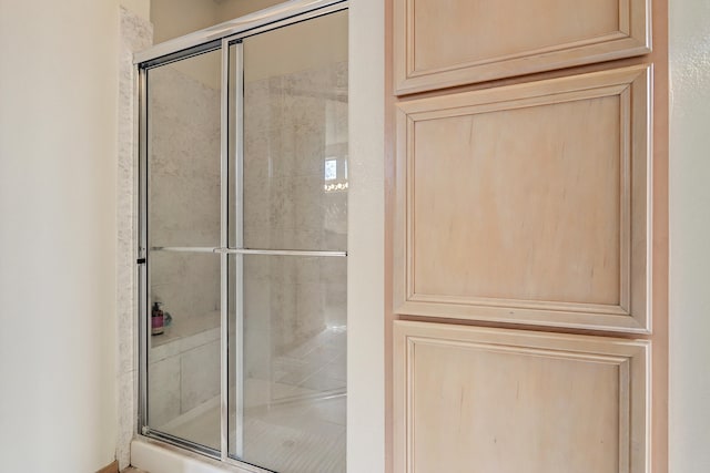 bathroom with a shower with shower door