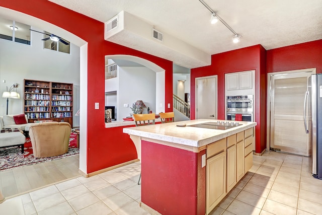 kitchen with light hardwood / wood-style flooring, a center island with sink, rail lighting, appliances with stainless steel finishes, and a textured ceiling