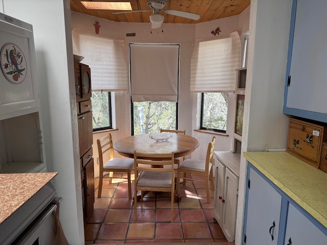 dining space featuring wood ceiling and ceiling fan