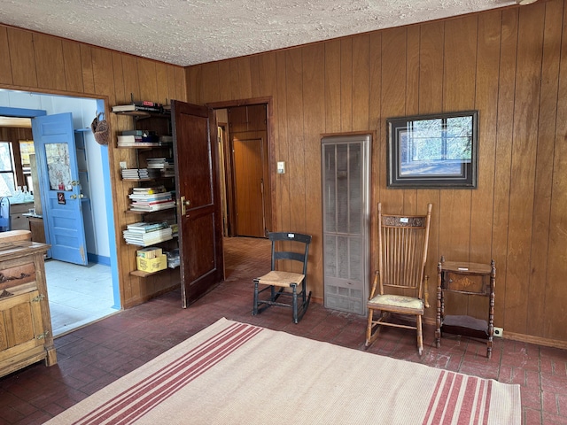 living area with wood walls