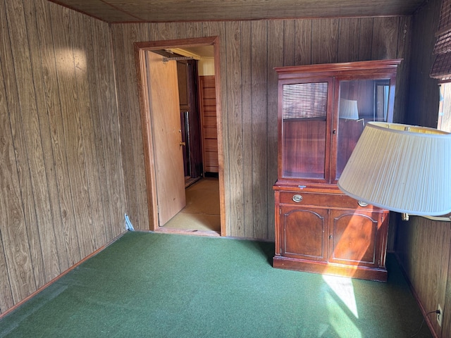 empty room featuring wood walls and light colored carpet