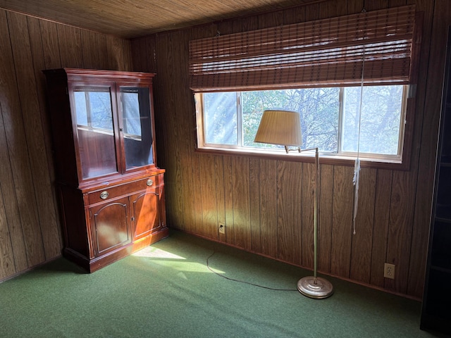 empty room featuring golf simulator, carpet flooring, wooden ceiling, and wood walls