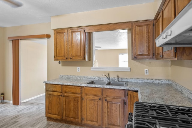 kitchen with light hardwood / wood-style flooring, a textured ceiling, sink, and exhaust hood