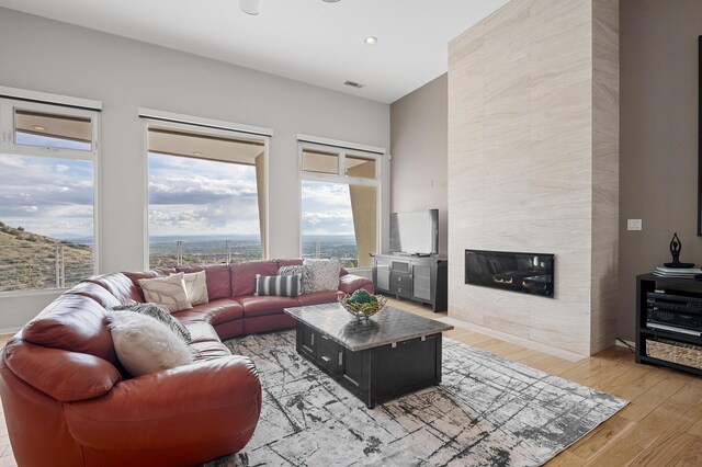 living room featuring hardwood / wood-style flooring, a healthy amount of sunlight, and a tile fireplace