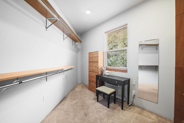 walk in closet featuring light colored carpet