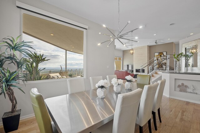 dining area with ceiling fan and light wood-type flooring