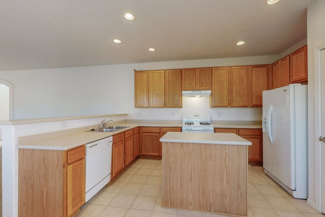 kitchen with light tile patterned floors, a center island, sink, and white appliances