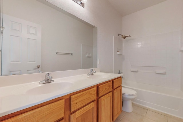 full bathroom featuring  shower combination, vanity, toilet, and tile patterned floors