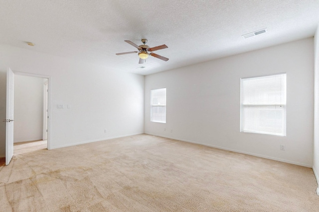 unfurnished room featuring a wealth of natural light, a textured ceiling, light colored carpet, and ceiling fan