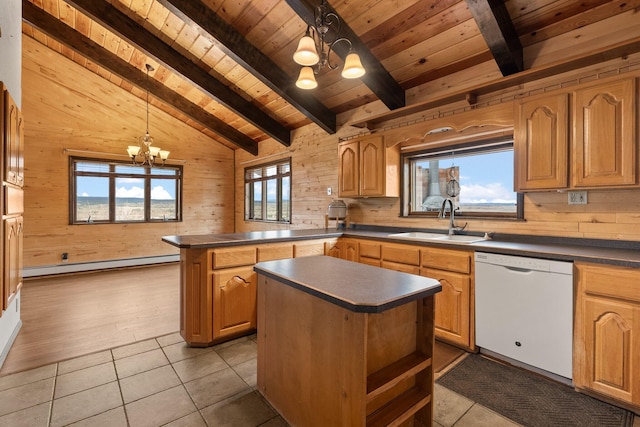 kitchen featuring wood walls, dishwasher, a healthy amount of sunlight, and a kitchen island