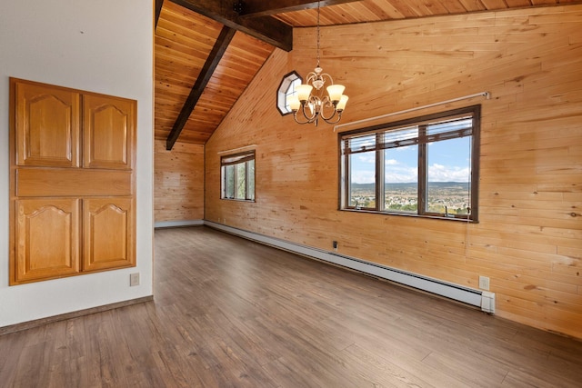 unfurnished living room with wooden ceiling, wood walls, baseboard heating, wood-type flooring, and a chandelier