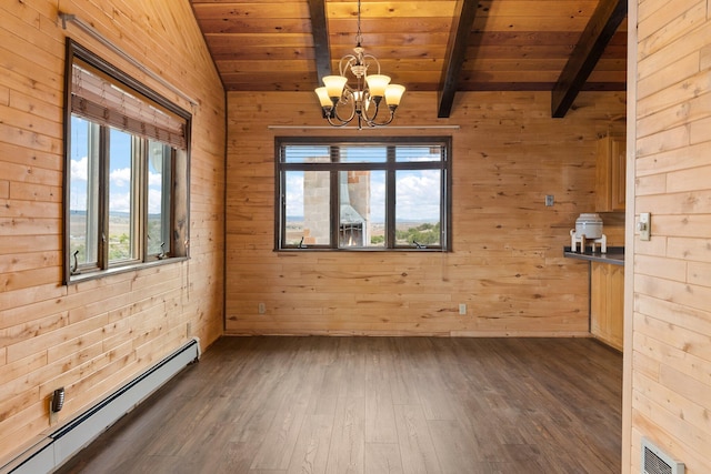 empty room with wood walls, an inviting chandelier, a baseboard heating unit, dark wood-type flooring, and lofted ceiling with beams