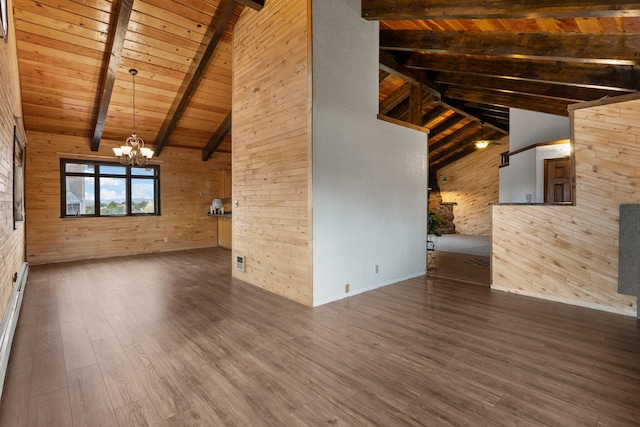 interior space with high vaulted ceiling, wood walls, dark wood-type flooring, beamed ceiling, and a chandelier