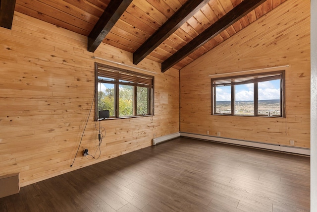 spare room with vaulted ceiling with beams, wood walls, dark hardwood / wood-style floors, and wood ceiling