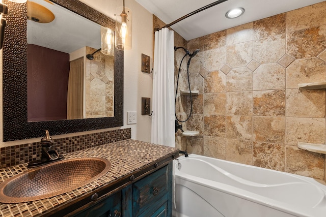 bathroom with vanity and shower / bath combination with curtain