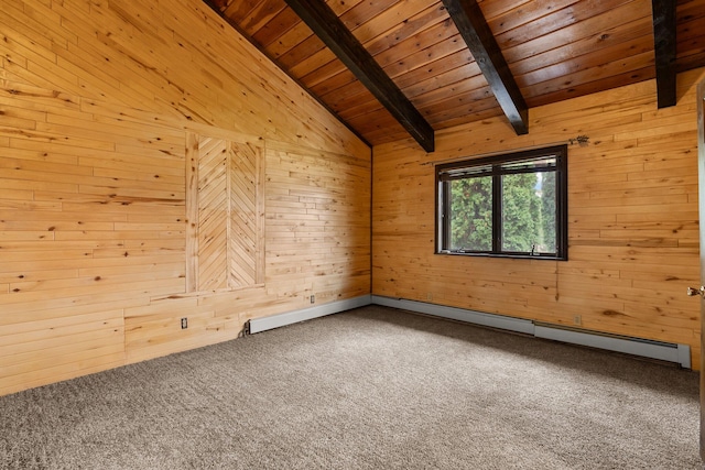 spare room featuring carpet flooring, vaulted ceiling with beams, and wooden walls