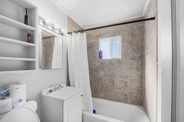 full bathroom featuring vanity, shower / bath combo, and toilet