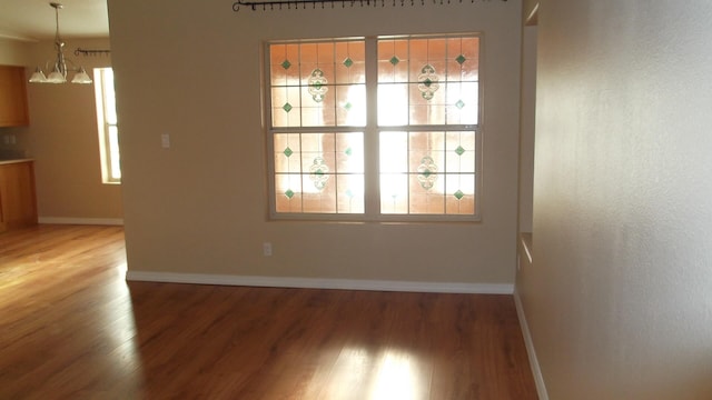 unfurnished dining area with a chandelier and wood-type flooring