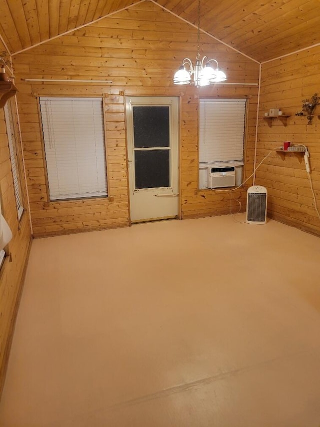 empty room featuring wooden walls, wood ceiling, and vaulted ceiling