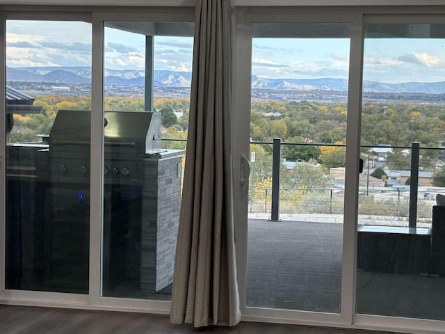 doorway with hardwood / wood-style floors and a mountain view