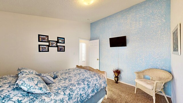 bedroom with vaulted ceiling, a textured ceiling, and carpet floors