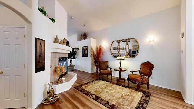 interior space featuring hardwood / wood-style floors and a fireplace