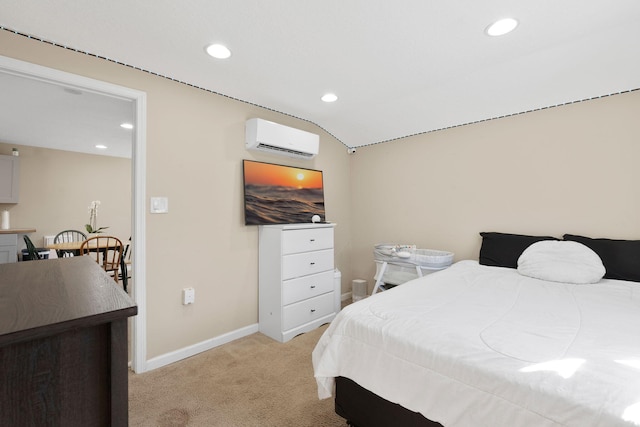 bedroom featuring baseboards, light colored carpet, lofted ceiling, an AC wall unit, and recessed lighting