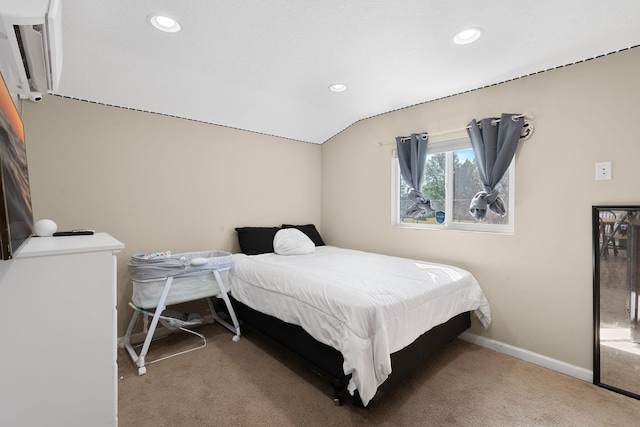 carpeted bedroom featuring recessed lighting, vaulted ceiling, and baseboards