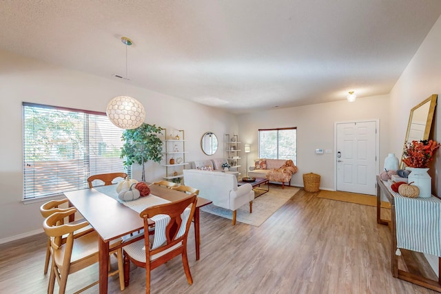 dining room featuring light hardwood / wood-style floors and a textured ceiling