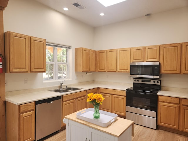 kitchen with appliances with stainless steel finishes, sink, a kitchen island, and light wood-type flooring