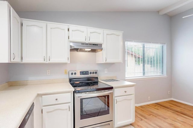 kitchen with white cabinetry, light wood-type flooring, stainless steel appliances, and vaulted ceiling with beams