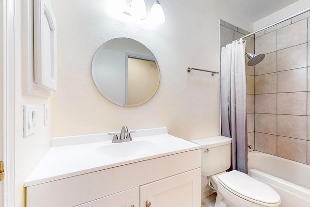 full bathroom featuring vanity, shower / bath combination with curtain, and toilet