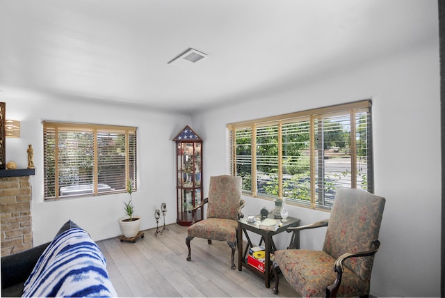 living area with light hardwood / wood-style floors, a healthy amount of sunlight, and a fireplace