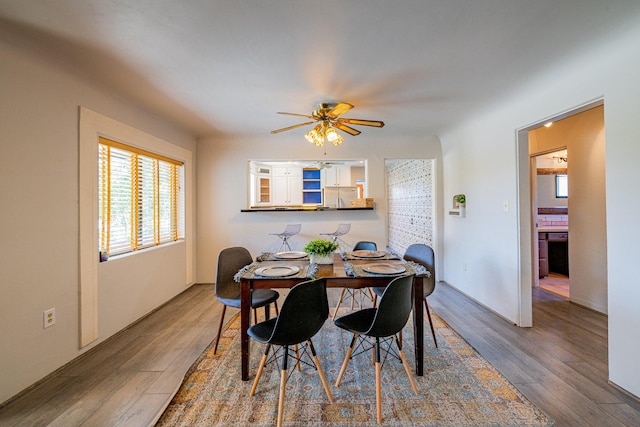 dining room with hardwood / wood-style floors and ceiling fan