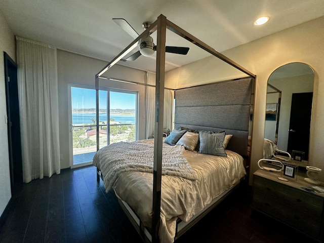 300 Catfish Rd, Elephant Butte, NM 87935 - bedroom with recessed lighting, a water view, a ceiling fan, arched walkways, and hardwood / wood-style flooring