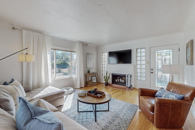 living room with hardwood / wood-style floors and a textured ceiling