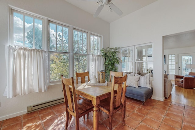 dining space with a baseboard radiator, plenty of natural light, and ceiling fan