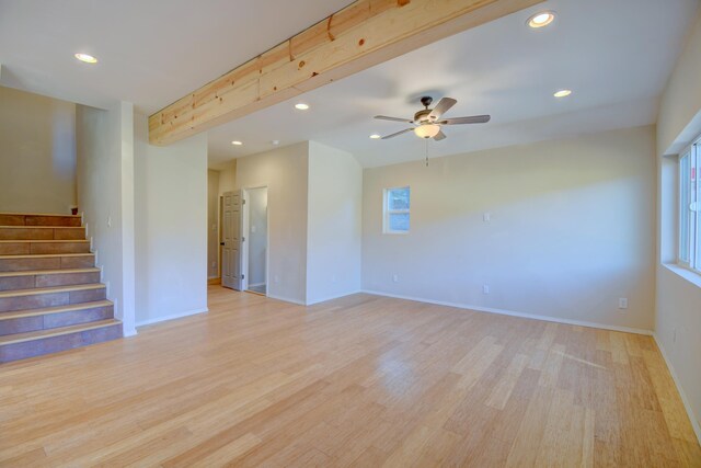 7 Shasta Ct, Cedar Crest, NM 87008 - spare room with stairs, a ceiling fan, recessed lighting, light wood-style flooring, and baseboards