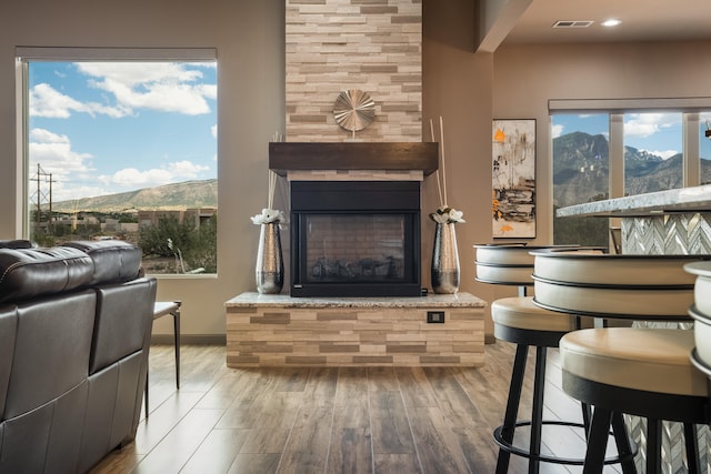 living room featuring hardwood / wood-style floors, a mountain view, and a fireplace