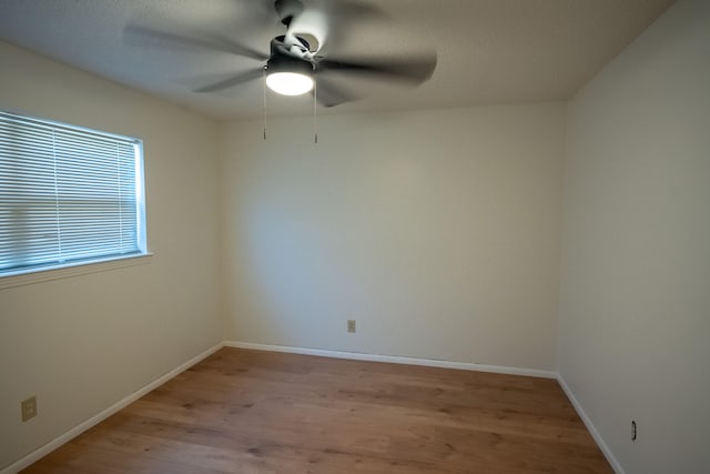 empty room with ceiling fan and light hardwood / wood-style flooring