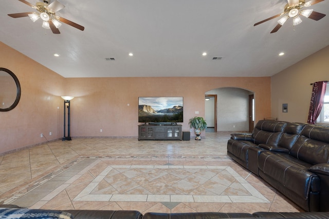 living room featuring ceiling fan