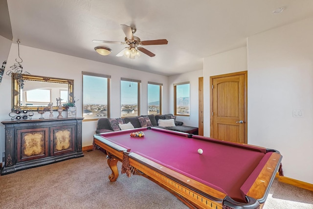 rec room with pool table, carpet floors, and ceiling fan