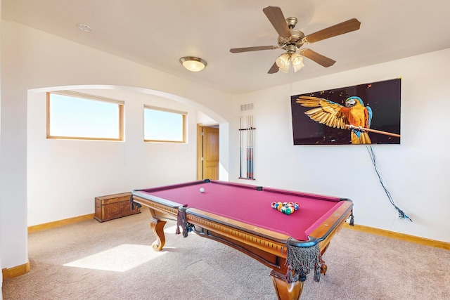 rec room with pool table, carpet, and ceiling fan