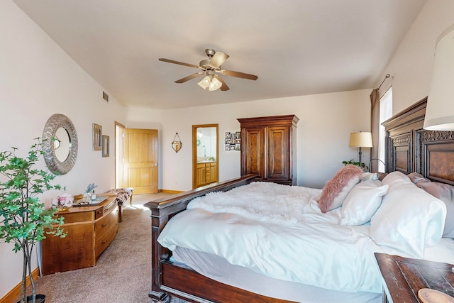 bedroom with ceiling fan and carpet