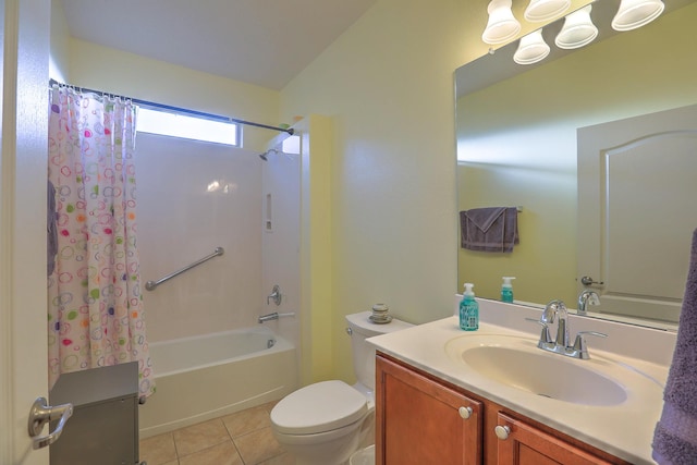 full bathroom featuring toilet, tile patterned flooring, shower / bath combination with curtain, and vanity