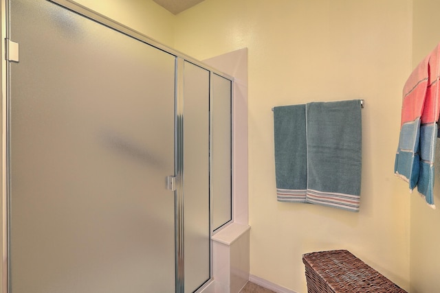 bathroom with a shower with shower door