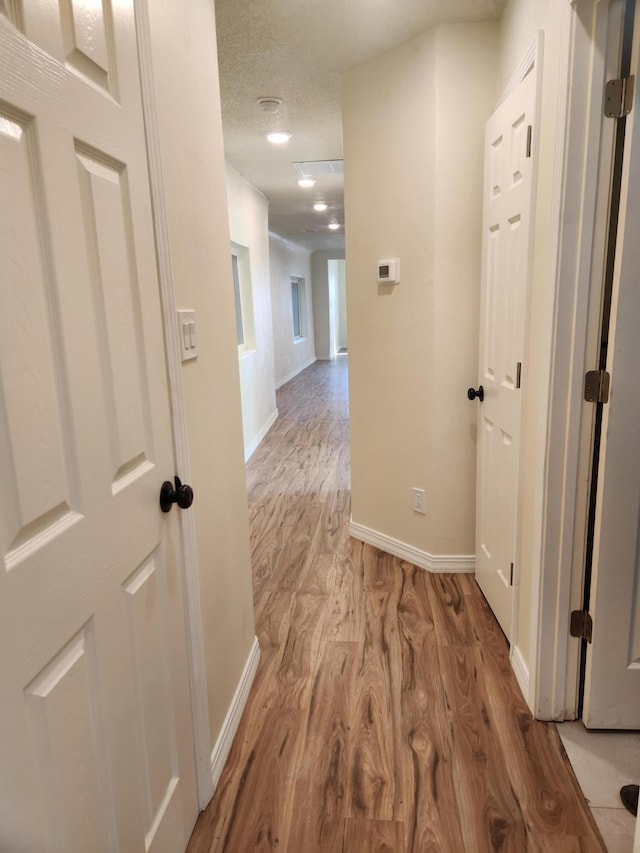 hallway featuring light wood-type flooring and a textured ceiling