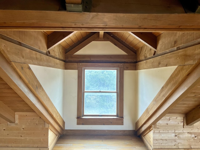 details with wooden ceiling, wooden walls, and beam ceiling