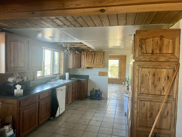 kitchen featuring sink, decorative backsplash, light tile patterned floors, white dishwasher, and wooden ceiling